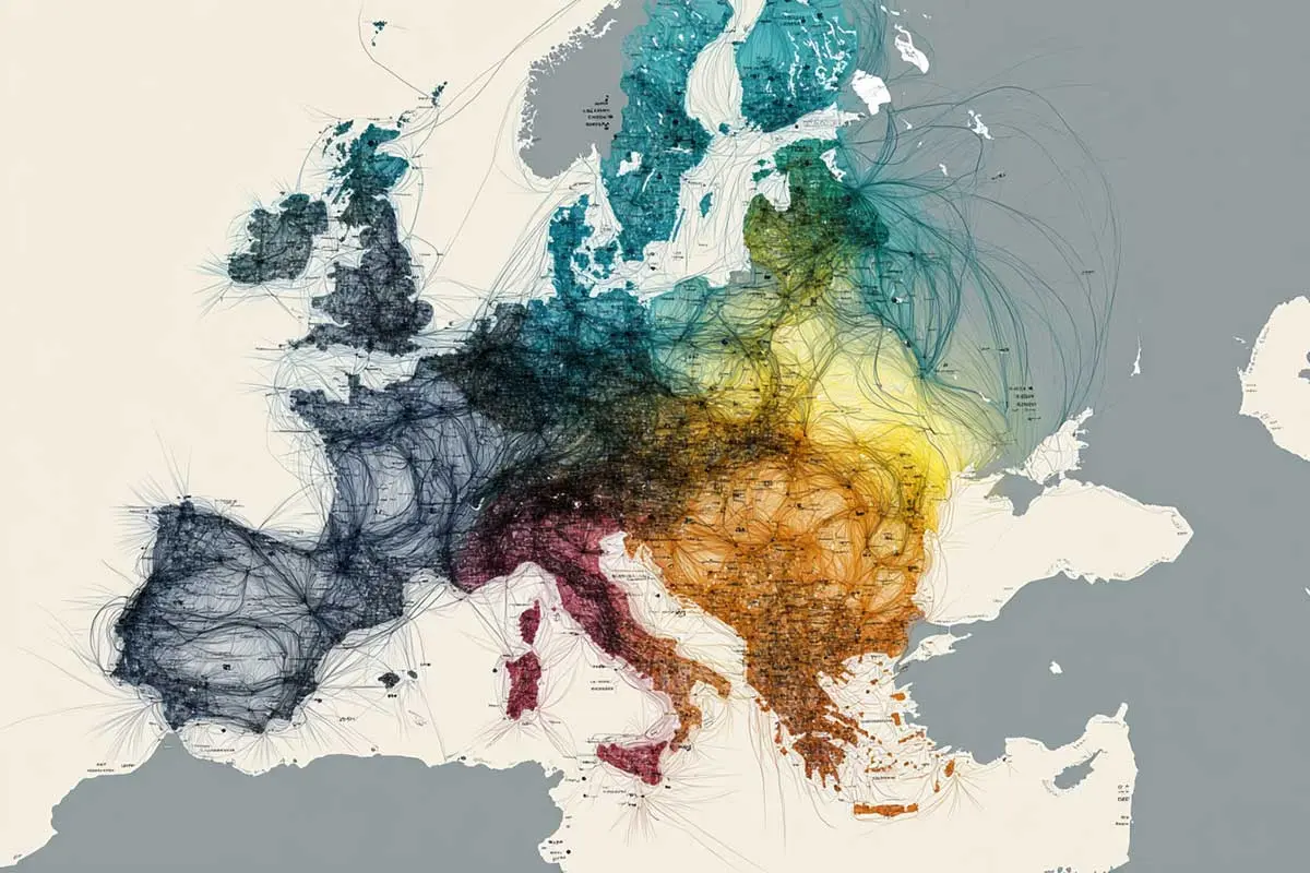 Interactive map of Europe showing channel availability from each country with flags