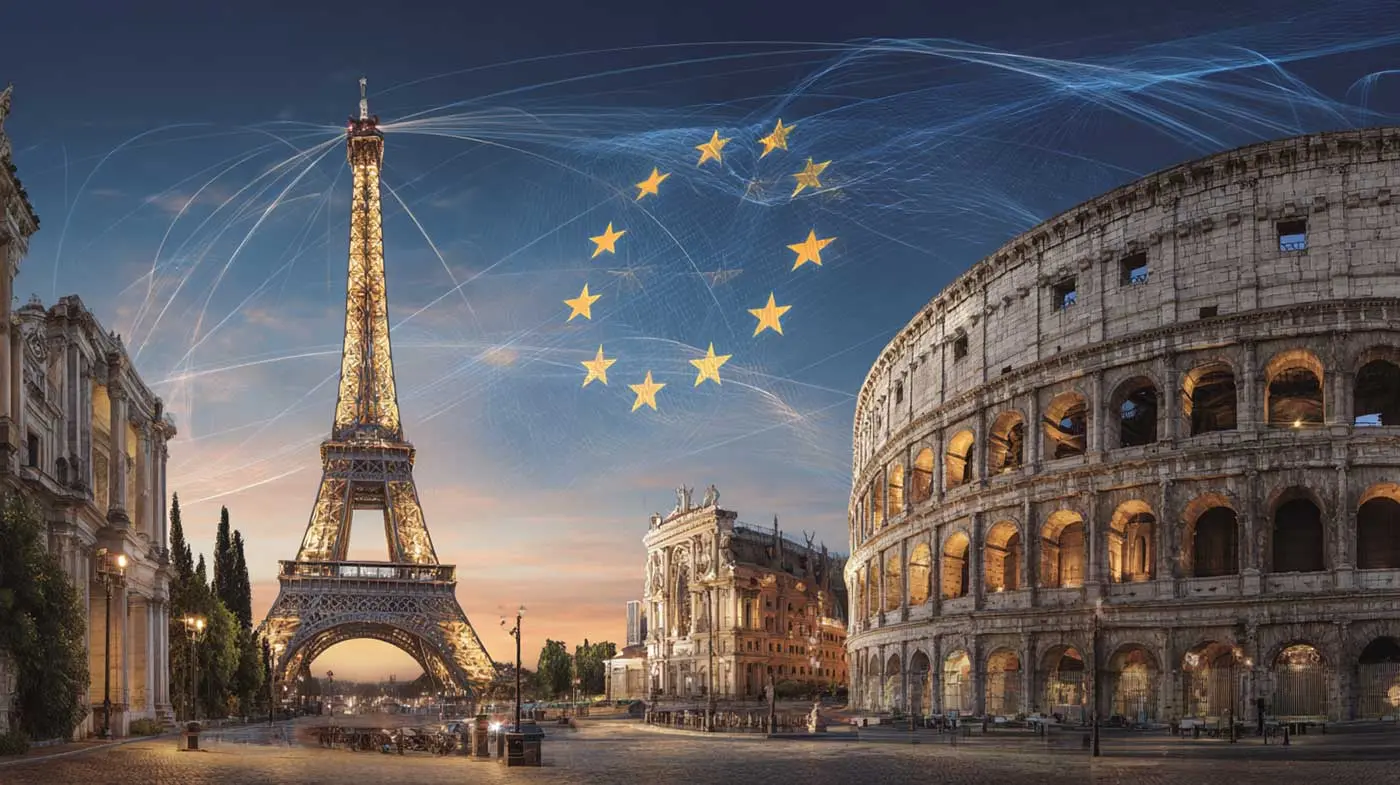 European landmarks montage with EU flag showing unified streaming across Europe