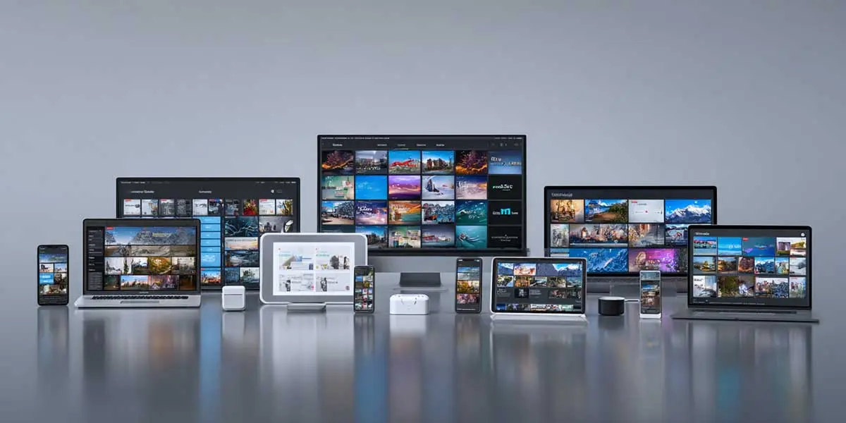 Family members using different devices - parents on TV, kids on tablets, teens on phones