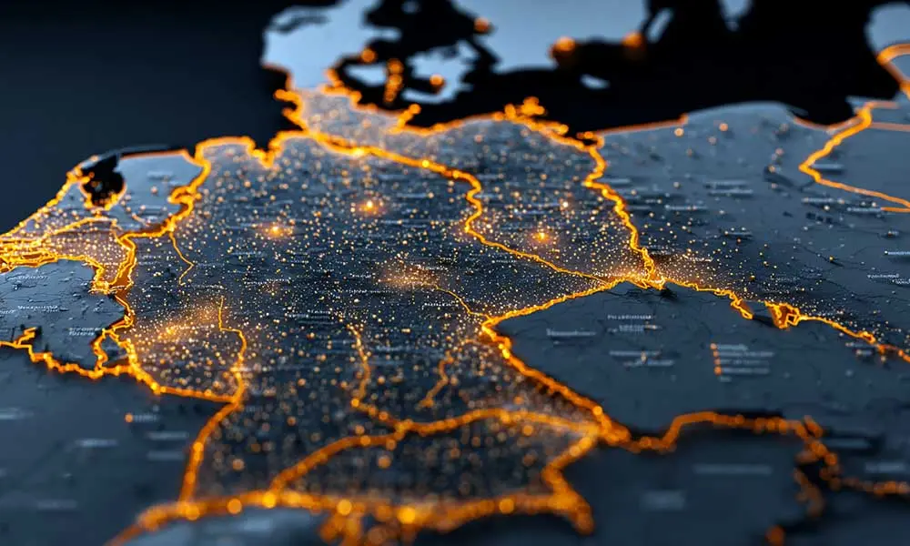 Map of Germany showing streaming service coverage in all major cities including Berlin, Munich, Hamburg, Cologne