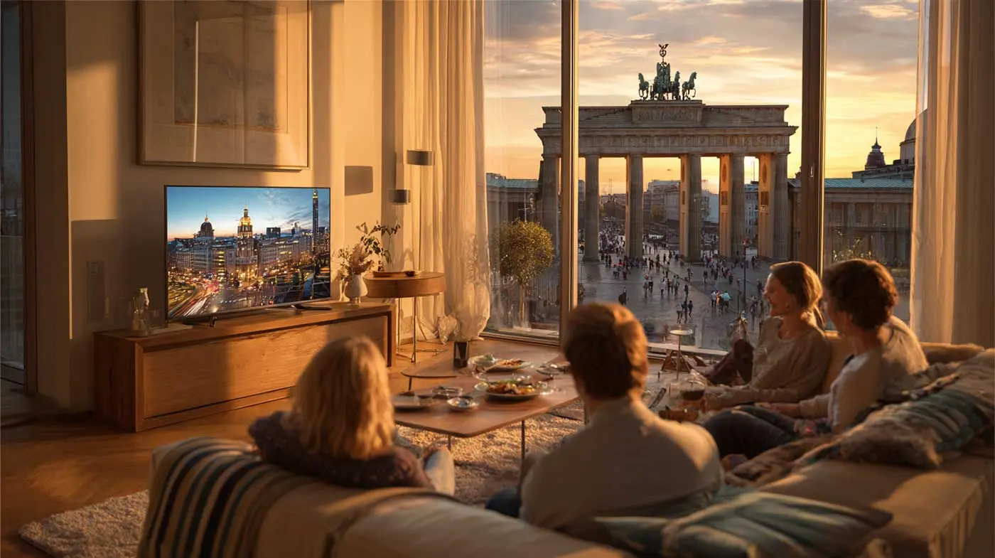 German family enjoying streaming service with Brandenburg Gate in background