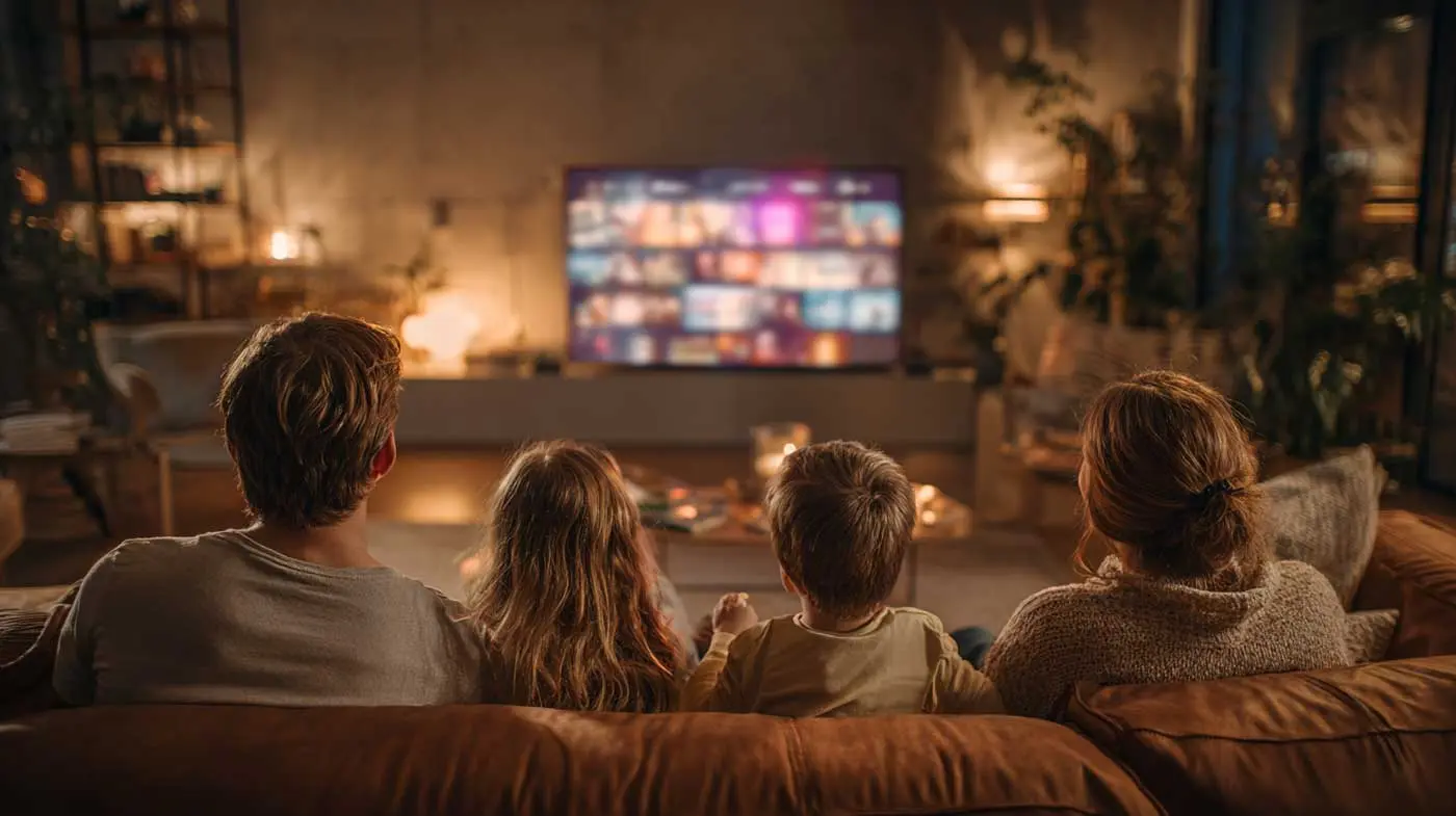 Family enjoying IPTV service on Smart TV in living room