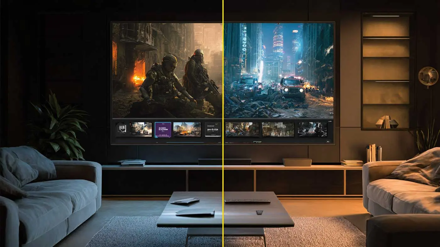 Split screen showing standard definition vs 4K/8K quality comparison of movie scenes